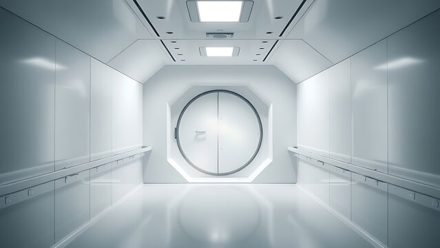 An airlock door closing with faint mist in a pristine white isolation chamber.