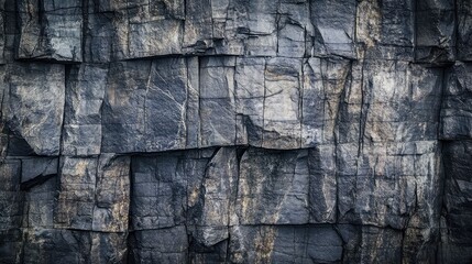 Fototapeta premium Dark gray rock wall with rugged, weathered stone patterns and strong mineral texture, full frame earthy backdrop ideal for design, architecture, and textured backgrounds