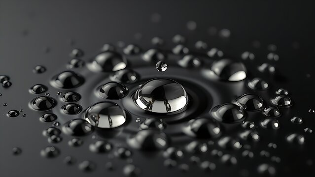 Liquid mercury droplets rolling on a black surface, forming shimmering spheres.