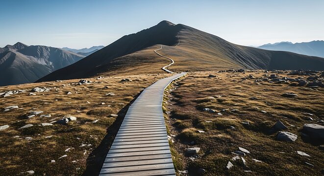 A serene pinnacle tripper enjoys the expansive view from a wooden mountain trail walkway that leads towards the majestic summit under a clear blue sky