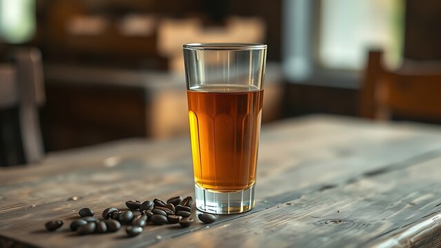 Glass of grappa on an old wooden table with coffee beans nearby.