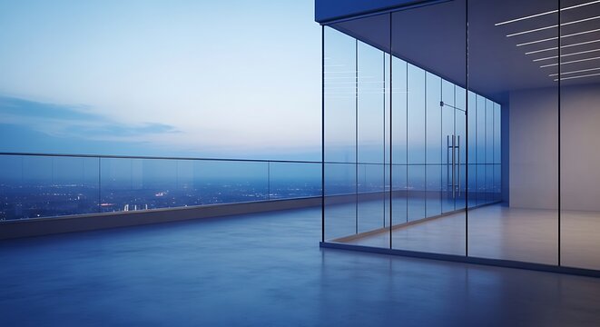 A serene pinnacle tripper viewing city skyline from an empty glass-walled skyscraper terrace during the tranquil dusk hour at a luxury penthouse office