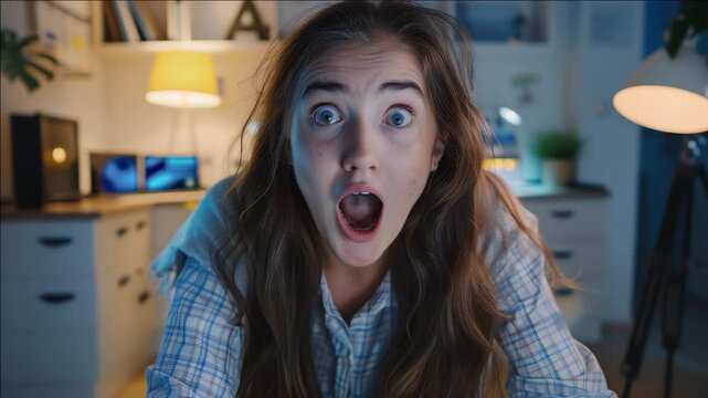 A shocked expression on the face of a woman indoors