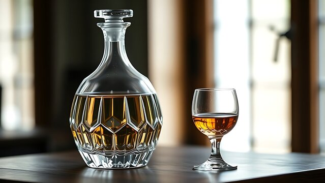 Crystal decanter of clear grappa next to a tulip glass on wood.