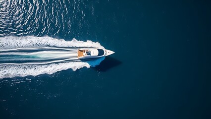 Fototapeta premium Aerial view of a hydrofoil vessel speeding on a vast blue ocean.