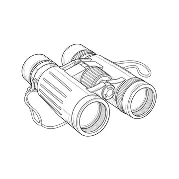 Detailed line art illustration of a pair of binoculars with a neck strap