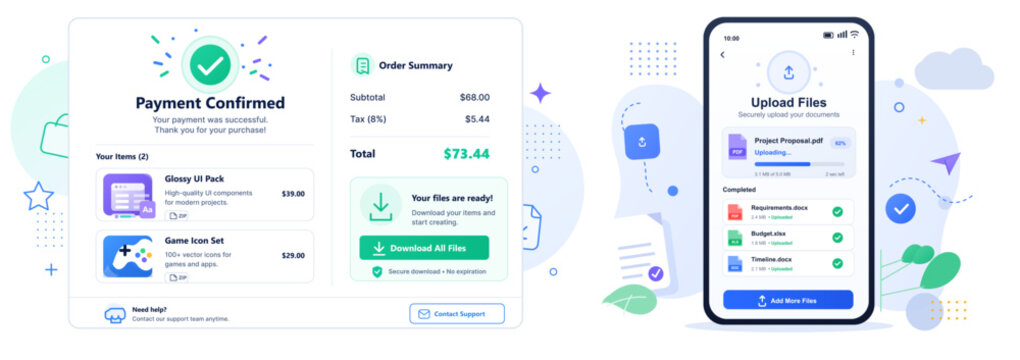 Flat vector illustration of online payment confirmation and mobile file upload interfaces with order summary, download button, and cloud elements