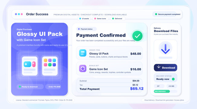 Flat vector dashboard showing payment confirmed, digital asset order details, total payment, and download files panel in blue purple UI style
