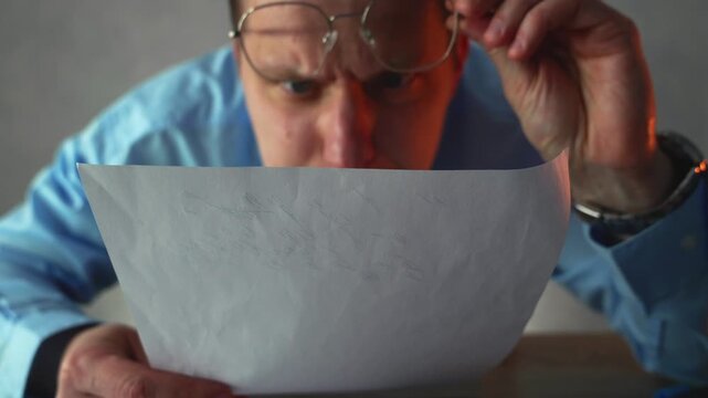 A concentrated employee in glasses reviews and verifies office documents at his desk in the evening. The scene shows careful examination of paperwork and professional attention to detail