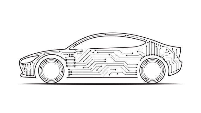 Futuristic Electric Car With Circuit Board Design On White Background For Technology Concepts