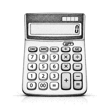 Simple black and white illustration of a basic calculator with a zero display