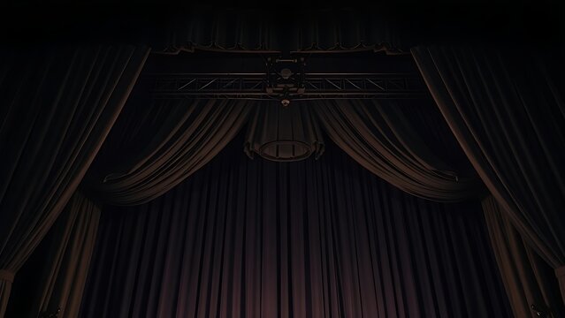 Theater stage ceiling with pulley and counterweight system under dim light.