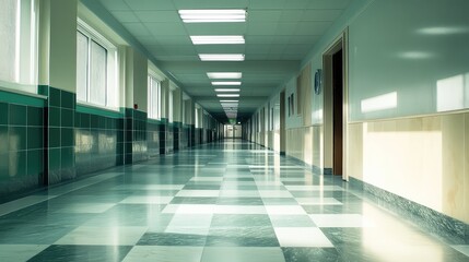 Obraz premium Empty long hallway in a school, hospital, or public building, featuring a checkered floor, windows, and bright overhead lights creating a sense of sterile modern architecture and perspective