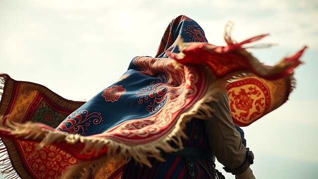 A medieval caparison billowing in the wind with vibrant colors.
