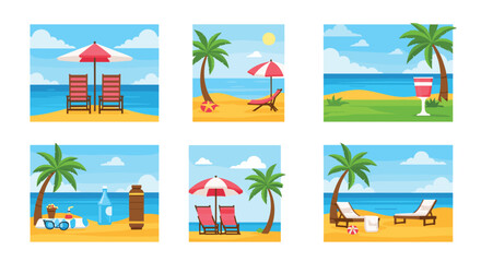 Obraz premium Tropical beach scenes with lounge chairs, umbrellas, and palm trees