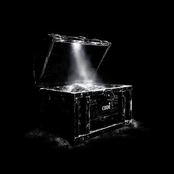 Treasure chest with light shining inside and the word code on the front