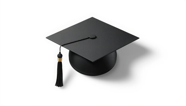 Black graduation cap with tassel isolated on white background symbolising educational achievement and commencement ceremony success, graduation