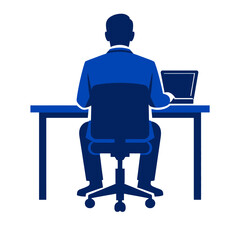 Fototapeta premium Minimalist duotone vector illustration of a faceless professional sitting at a modern desk, back view, working on a laptop