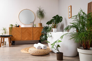 Obraz premium Interior of bathroom with green plants, sink and bathtub