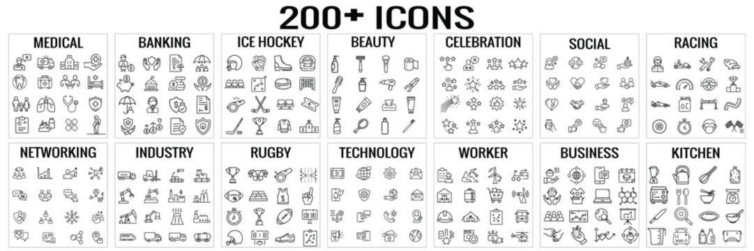 Mega bundle of 200 plus outline icons containing business medical technology and universal elements vector set