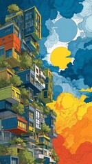 Fototapeta premium A vibrant and artistic depiction of modern architecture with colorful buildings against a dramatic sky.