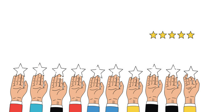 Human hands reaching up to catch shiny stars symbolizing customer satisfaction and excellent service quality review ratings.