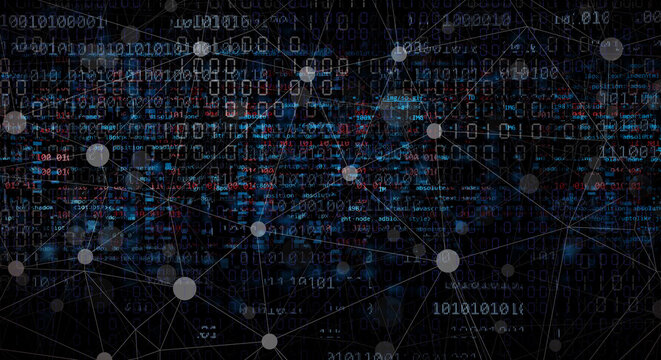 Abstract Cybersecurity Digital Network with Binary Code and Web Script Overlay