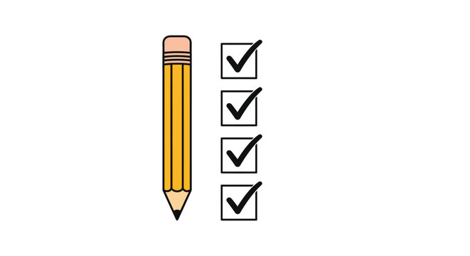 Yellow pencil positioned next to a list of square checkboxes with black checkmarks for task completion and verification.
