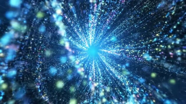 Abstract particle explosion in deep blue space, dynamic energy burst with shimmering light.