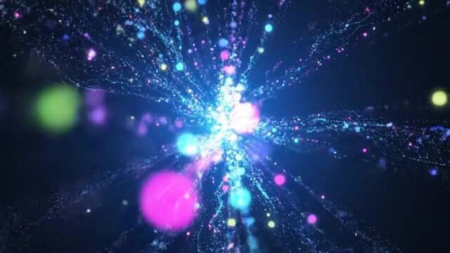 Abstract particle explosion with light and colorful dots, a vibrant burst in space.