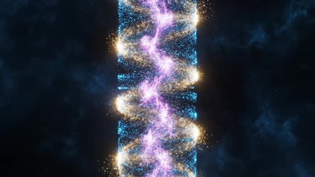 Abstract vertical column of light particles with glowing energy emitting sparks and a cosmic background