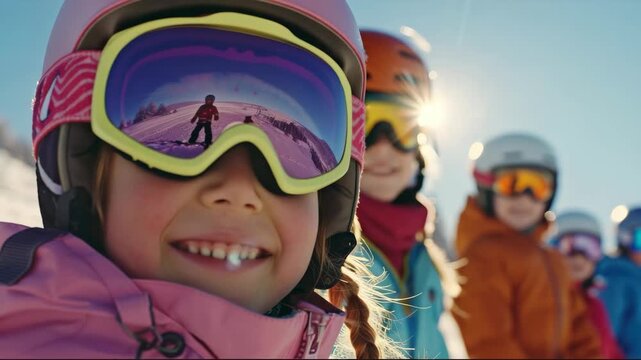 A cheerful child with ski goggles and a snowsuit enjoys winter sports.