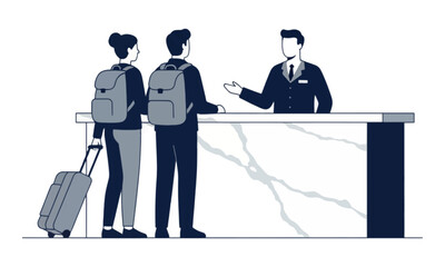 Travelers checking in at hotel reception desk vector illustration © Angela