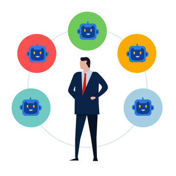 Businessman surrounded by circle of artificial intelligence agent icons representing smart workforce management and team automation with robotic digital assistants