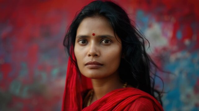 An Indian woman with long black hair and a red saree against colorful painted backdrop.
