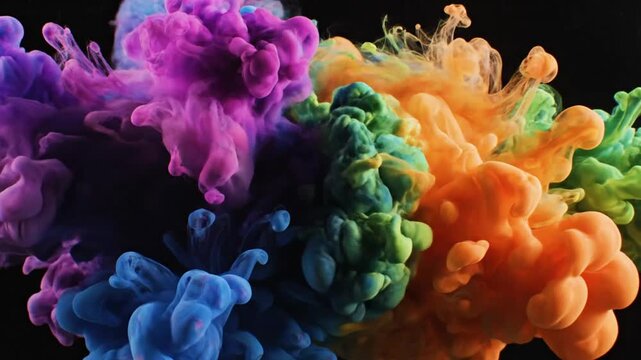 Mesmerizing Display of Vibrant Ink Explosions on Black Background Showcasing the Rainbow Spectrum Colors