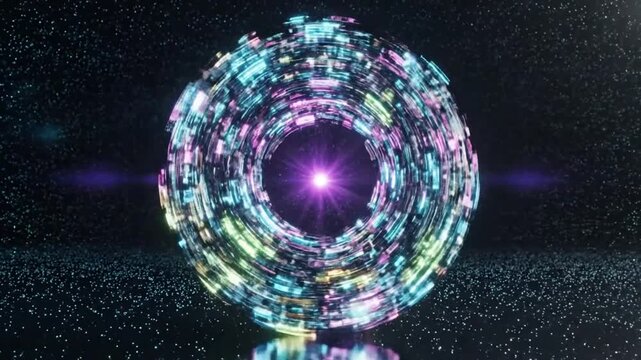 Futuristic abstract digital light sphere with colorful concentric circles spinning and pulsing in a dark space environment