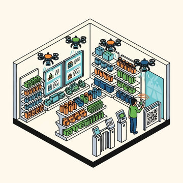 Isometric illustration of a futuristic automated store with drones restocking shelves.