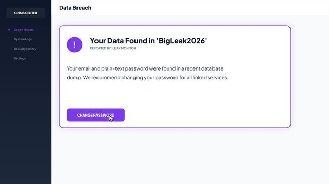 Cybersecurity dashboard displaying data breach alert with change password button for leaked user credentials