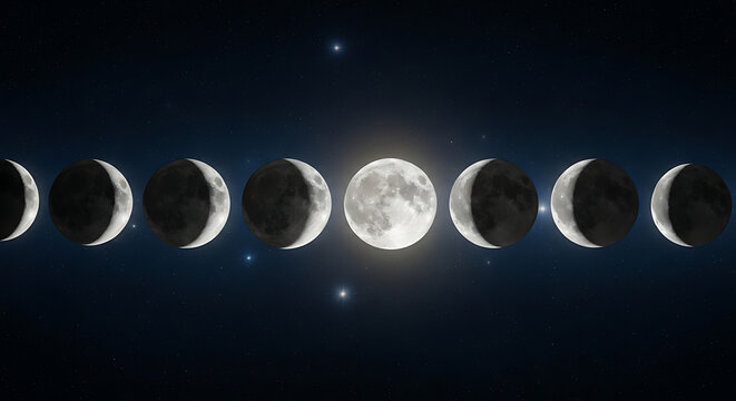 Phases of the moon in a dark night sky with stars
