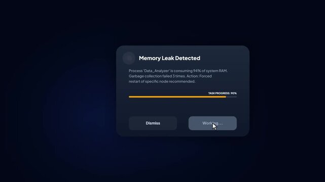 Memory leak detected warning popup showing high RAM consumption and forced system restart resolution