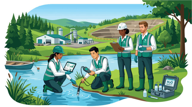 Environmental Monitoring Team Assessing Water Quality Near Industrial Mining Facility Landscape Vector Illustration