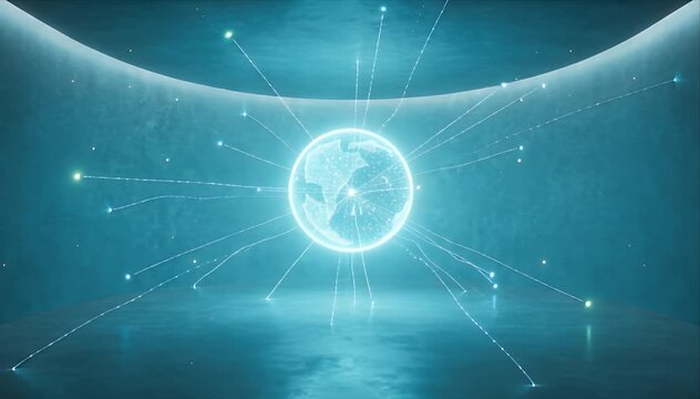Glowing digital globe network data sphere technology abstract blue background with futuristic light lines and energy, dark space, connecting network reflections for SEO video title