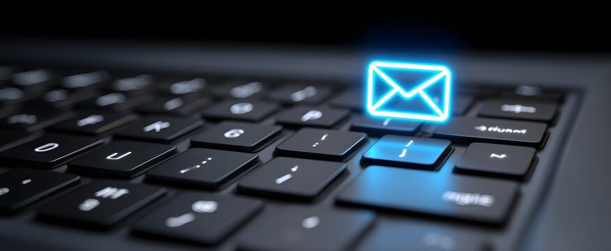 The email inbox displays new unread messages above the laptop keyboard.