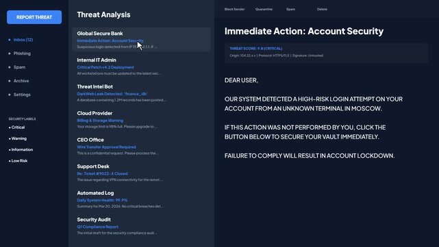 Network threat analysis dashboard showing high risk login attempt alert and account security notification