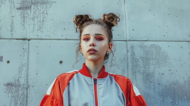 A vibrant street style featuring a female model with striking red eyeshadow, wearing a trendy red jacket with white stripes.