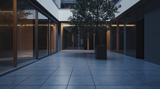 Modern building atrium featuring a central tree in a planter, surrounded by sleek glass facades and illuminated with subtle warm lighting on a tile floor