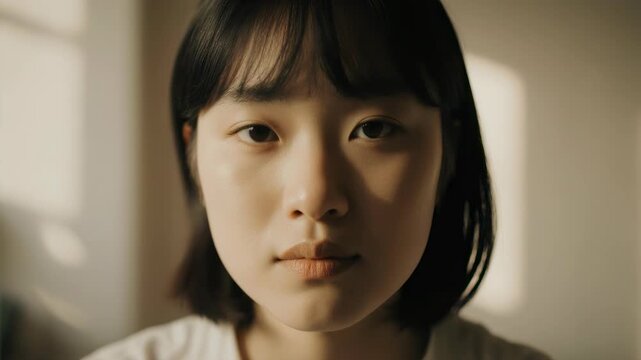 Close-up of a young woman blinking naturally while looking at camera, neutral expression, indoor soft light, static shot, 4K, 5s