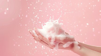 Obraz premium Adorn your hands with silky white foam against a pink backdrop. Embrace beauty and wellness with our luxurious skincare