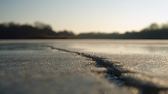 Frozen lake surface cracking at golden hour, close up texture and delicate ice fissures catching warm sunset light, shimmering patterns and fragile, tranquil winter calm